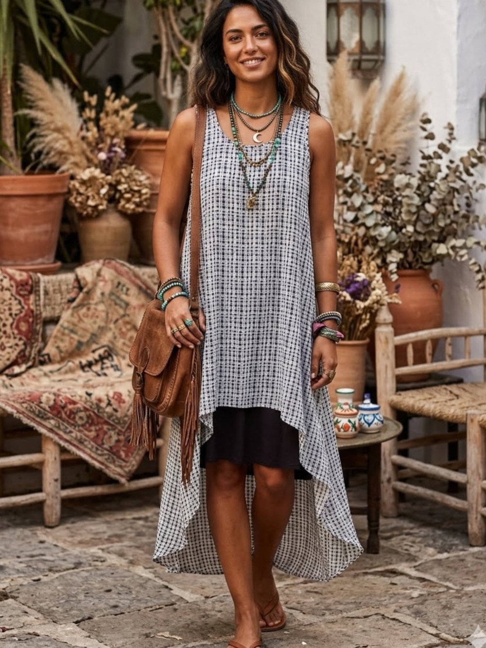 Boho Sleeveless High-Low Blue Black & White Check Dress, size S, $55